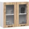 Pakabinama virtuvės spintelė-vitrina OLIWIA W80, 2 durelės, baltos/ąžuolo spalvos, 80 × 72 × 30,5 cm