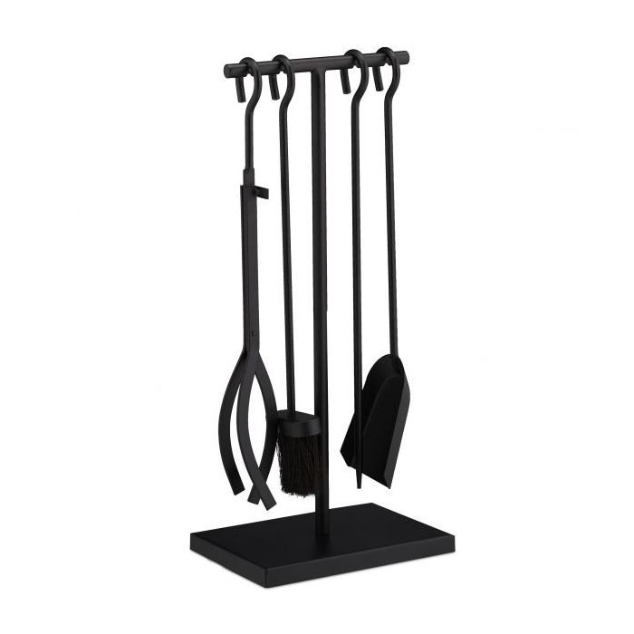 Rinkinys iš 4 židinio įrankių ir stovo 57x25x18cm., juodos spalvos