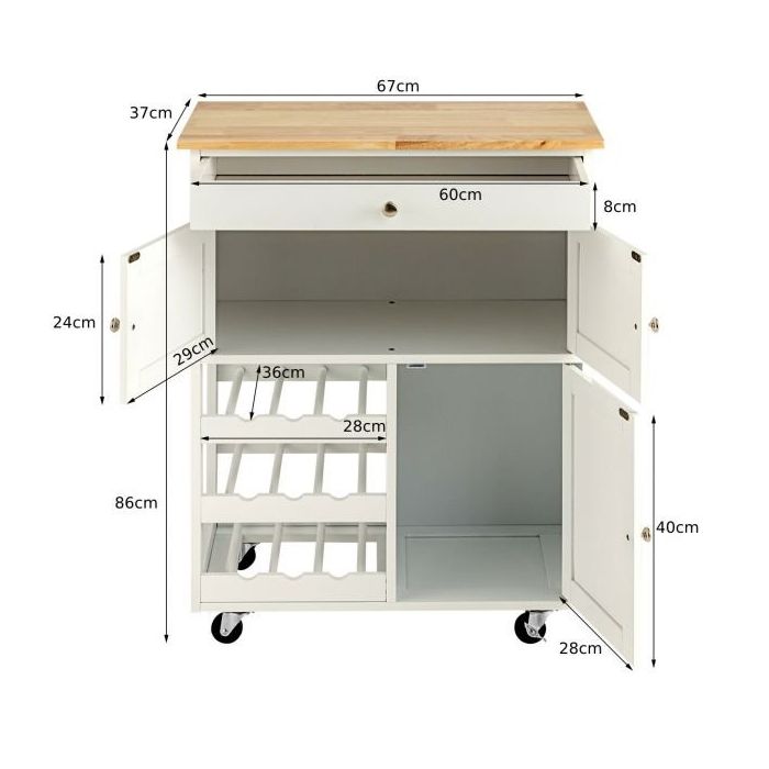 Virtuvės sala ant ratukų 67x37x86cm., baltos/šviesiai rudos spalvos