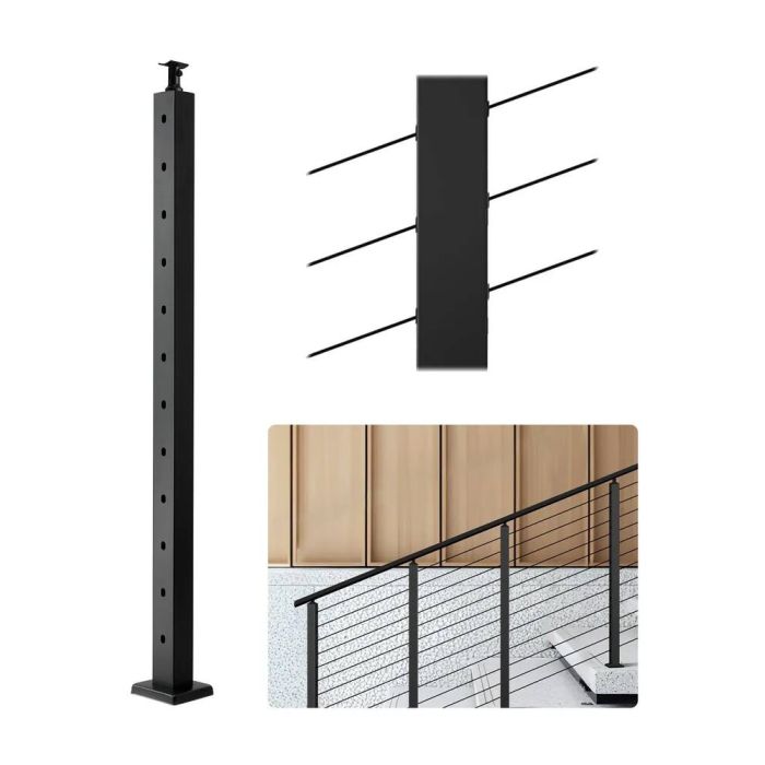 Nerūdijančio plieno juodas trosinis turėklų stulpas, 42x1x2 colių, kampinės skylės
