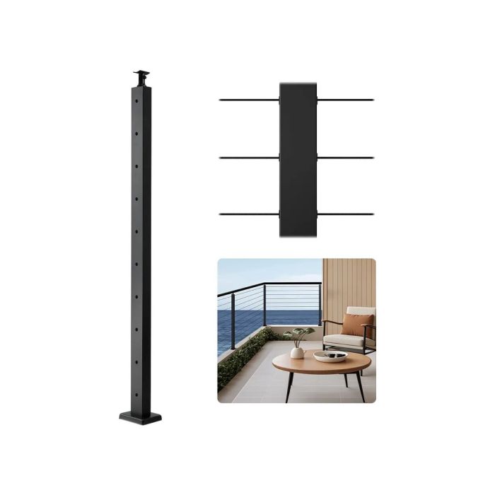 Nerūdijančio plieno juodas kabelių turėklų stulpas, 36x2x2 colių, horizontalios skylės