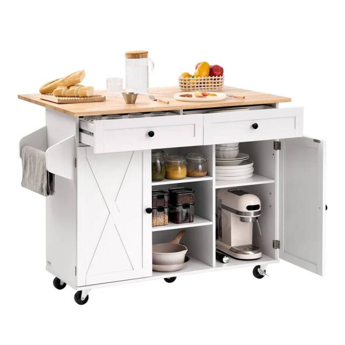 Mobilus virtuvės vežimėlis su medžio masyvo stalviršiu ir spintele, 132 cm, baltas