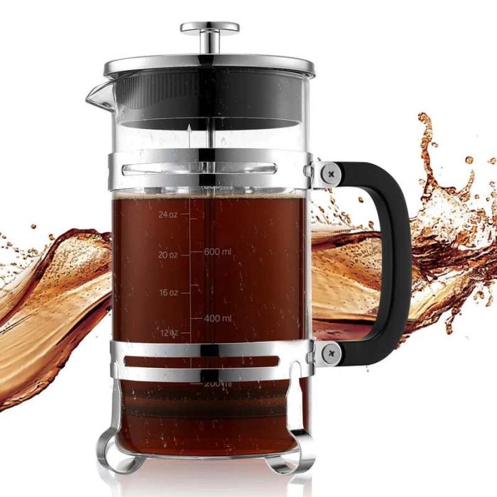 Prancūziškas borosilikatinio stiklo 1 L kavos presas su nerūdijančio plieno filtru, sidabrinis