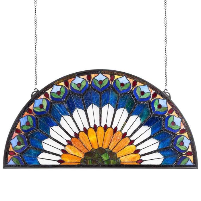 Vintažinė pusapvalė tiffany stiliaus vitražo lango panelė, 913x465 mm