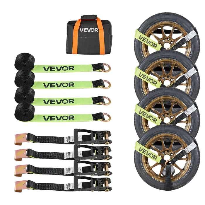Комплект крепежных ремней с противооткатными упорами и крюком, разрывная нагрузка 4540 кг.