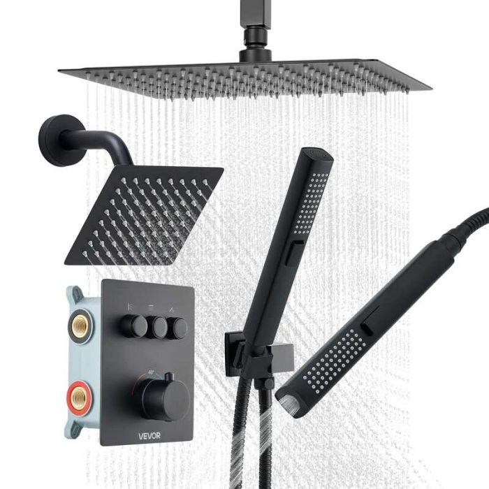 Termostatinė lubinė dušo sistema, 305 mm su sienine 152 mm galvute, 2in1 rankiniu purškikliu, matinė juoda