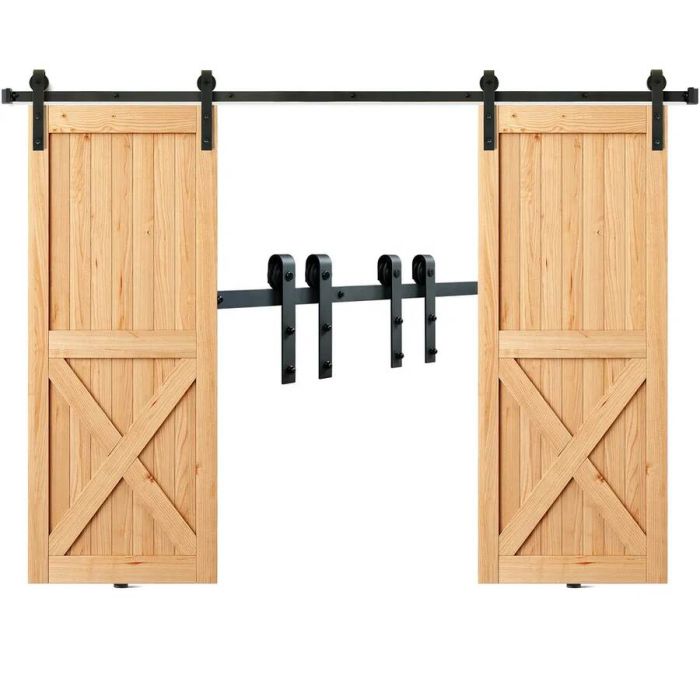 Stumdomų tvarto durų furnitūros rinkinys, 243,8 cm, 2 durų, J formos skriemulys