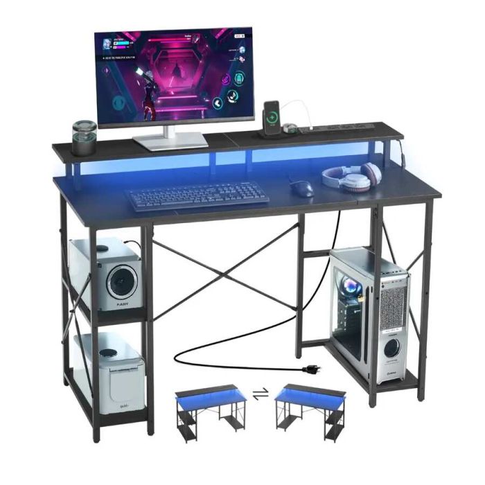 Dvipusis žaidimų stalas 120 cm su LED, maitinimu ir lentynomis, juodas