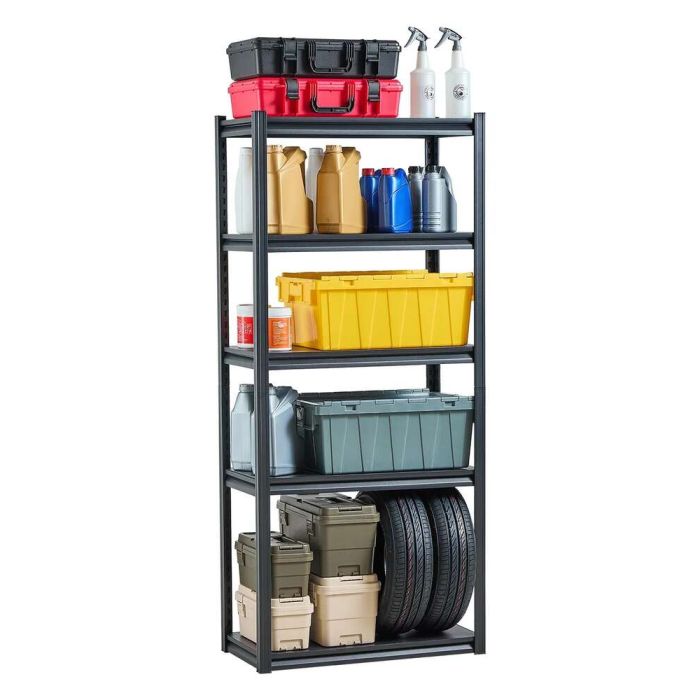 Reguliuojamos metalinės sandėliavimo lentynos, 5 pakopos, 2000 svarų, juodos, 72x32x16 colių