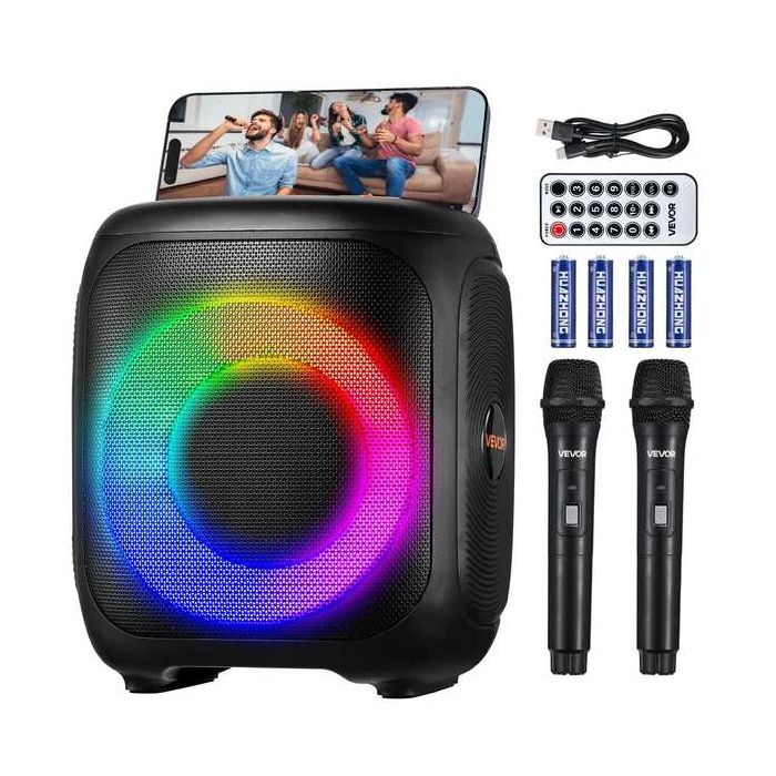 Nešiojamas bluetooth karaoke aparatas su 2 mikrofonais, 15 W, 4 colių