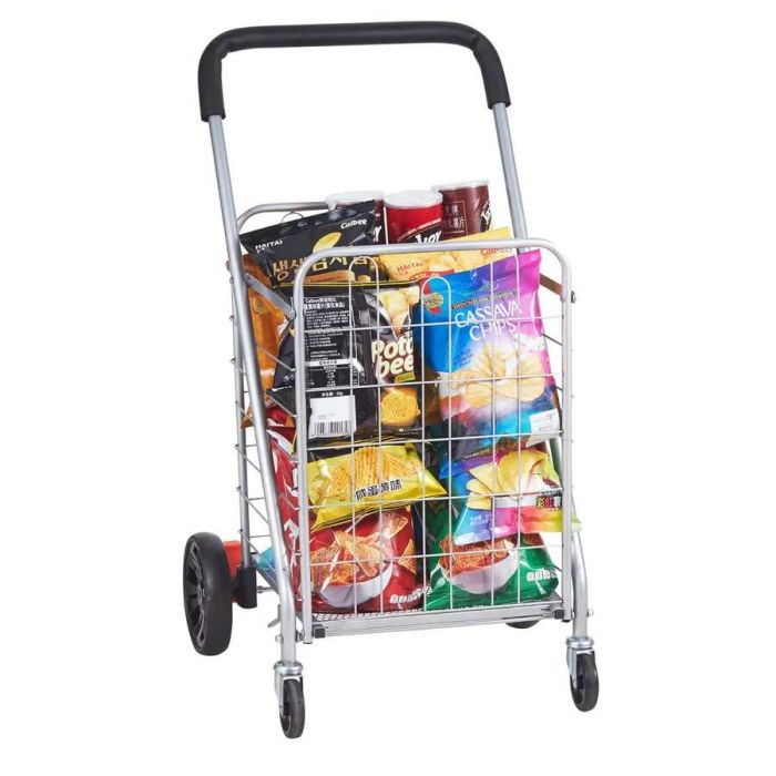 Sulankstomas sidabrinis pirkinių vežimėlis su ratukais, 50 kg galia