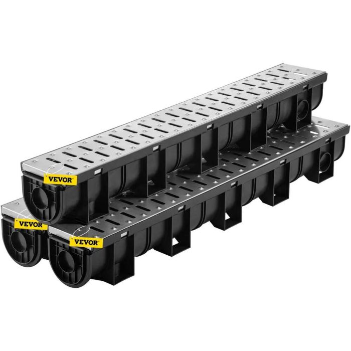 Tranšėjos drenažo sistema su metalinėmis grotelėmis, 150x130 mm, HDPE juodas plastikas, 3 vnt.