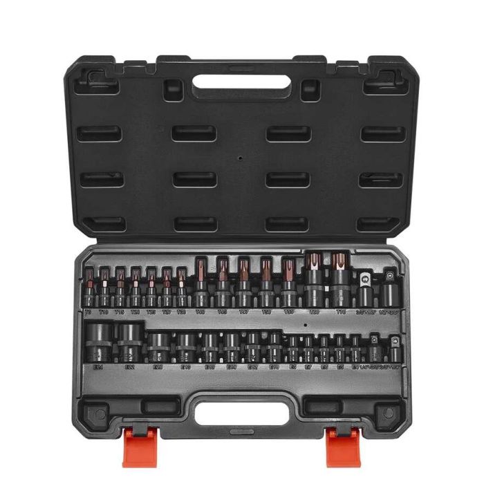 31 dalių torx ir išoriniai torx antgalių rinkinys, S2 ir cr-v plienas, 1/4–1/2 colio, su laikymo dėklu