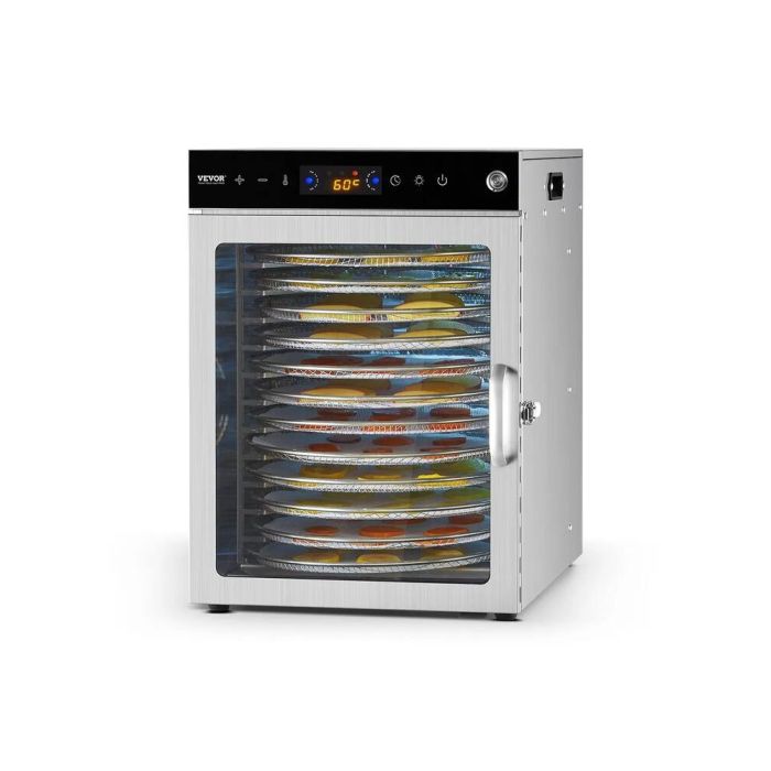 Rotacinis elektrinis maisto džiovintuvas, 12 nerūdijančio plieno padėklų, 800 W, reguliuojama temperatūra ir laikmatis