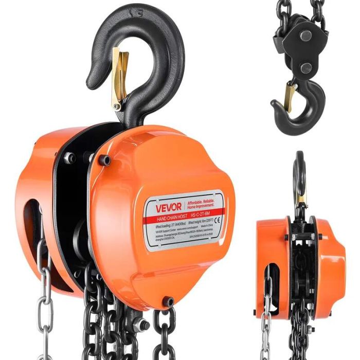 Rankinis grandininis keltuvas 2 t, 6 m kėlimo aukštis, cinkuota G80 grandinė, oranžinis