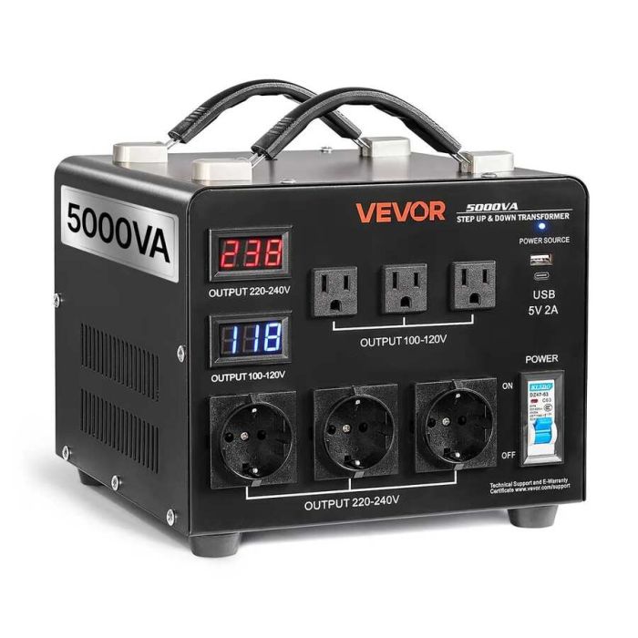 Automatinis įtampos keitiklis 5000 VA, 110–220 V, LCD ekranas, JAV ir ES lizdai