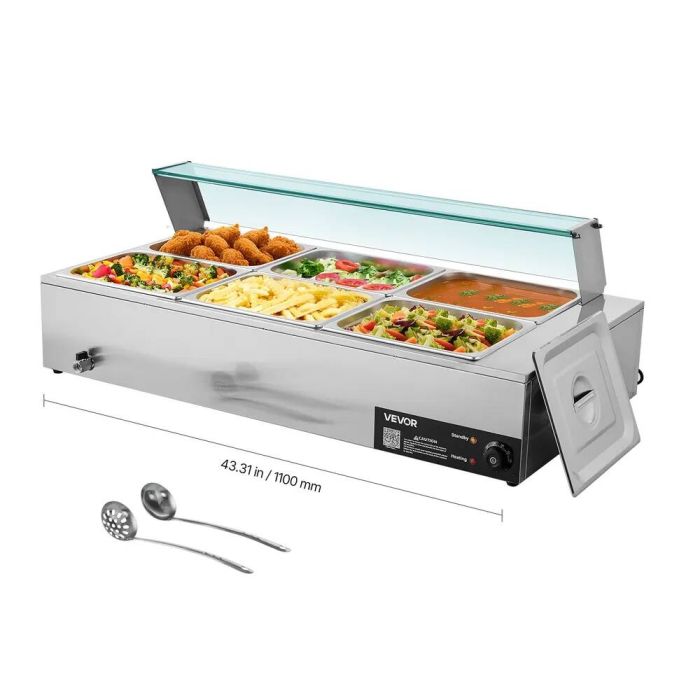Komercinis elektrinis nerūdijančio plieno maisto šildytuvas, 1500 W, 6 x 1/2 puodų, su stikliniu dangčiu