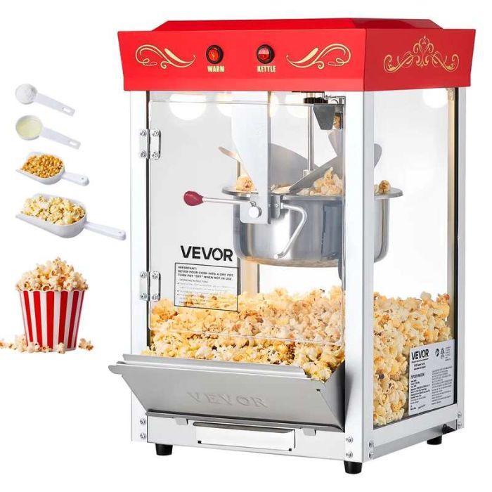 Komercinis spragintų kukurūzų aparatas, 800 W, 0,2 kg, raudonas, nerūdijančio plieno