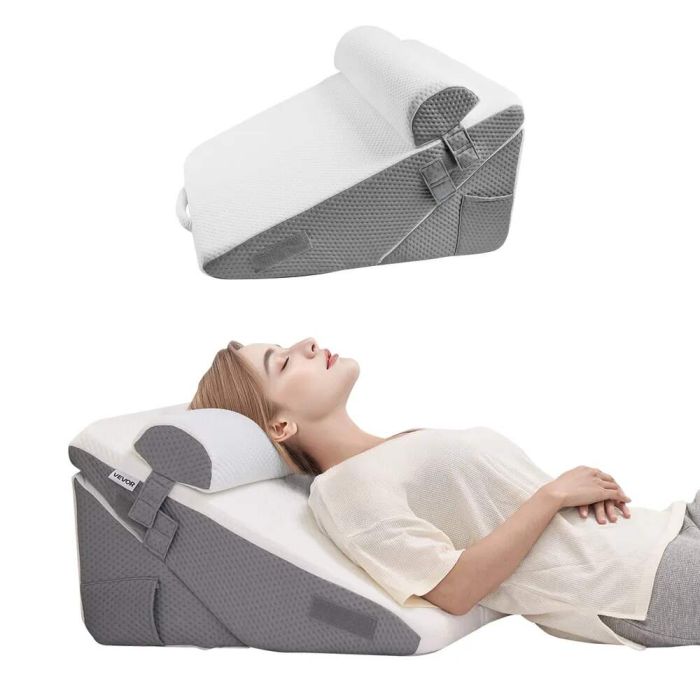 Ortopedinė lovos pleišto formos pagalvė, 3 dalių, su putplasčiu, balta/pilka, pooperacinė, knarkimo malšinimui