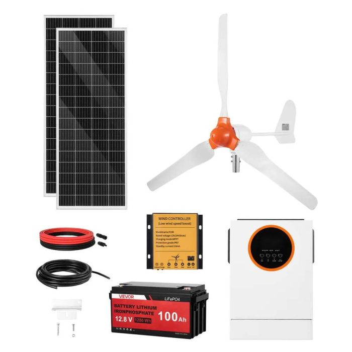 Saulės ir vėjo energijos rinkinys 12 V, 600 W, su monokristalinėmis plokštėmis ir ličio akumuliatoriumi