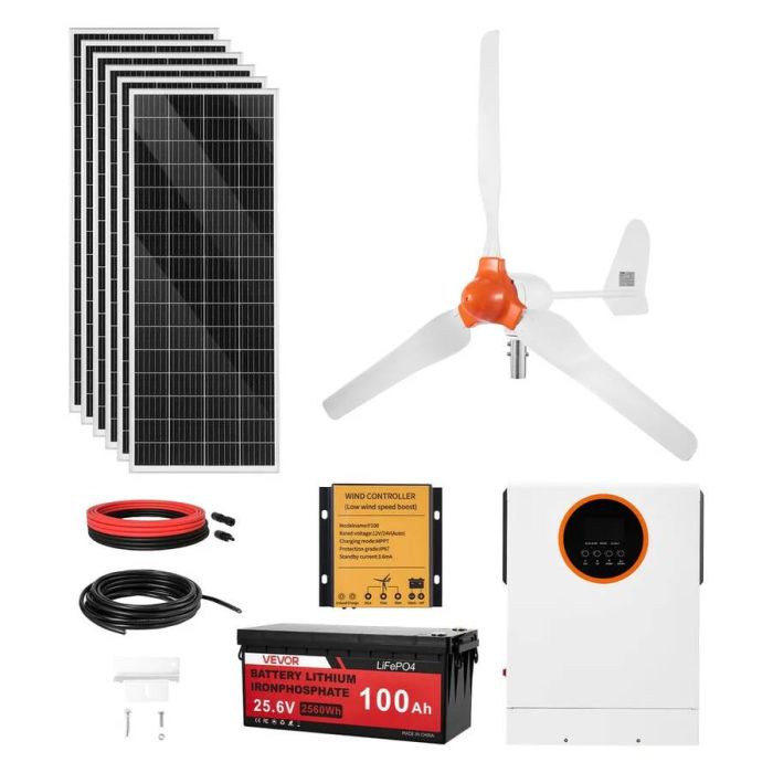 24 V 1000 W saules ir vėjo jėgainių rinkinys su 6x100 W monokristalinėmis plokštėmis, 400 W vėjo turbina, valdikliu, 25,6 V 100 ah LiFePO4 akumuliatoriumi ir 3000 W hibridiniu keitikliu