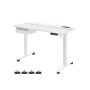 Reguliuojamo aukščio elektrinis rašomasis stalas 60 x 120 cm su lizdais ir USB jungtimis, baltos spalvos