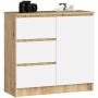 Комод K80 JERRY, 1 дверца, 3 ящика, дубовый/белый, 80 × 77 × 35 см