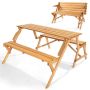 Transformable wooden picnic table with bench and umbrella hole, brown