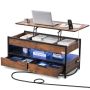 Liftable Brown Rectangular Coffee Table with USB and Lighting, 39.4 Inch