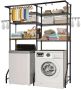 Shelf above washing machine and dryer, 6 tiers, black, with hanging rod and hooks