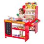 Children's wooden play store with cash register and shopping cart