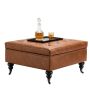 80 cm square leather pouf with storage box, wheels, brown