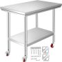 Stainless steel commercial food preparation workbench, 30x60 cm, with casters and adjustable shelf