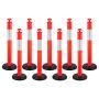 9 red traffic barrier posts, 1140 mm with fillable base and reflective strips