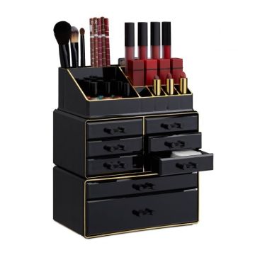 Makiažo organizatorius su stalčiais 30x24x14cm., juodos/auksinės spalvos