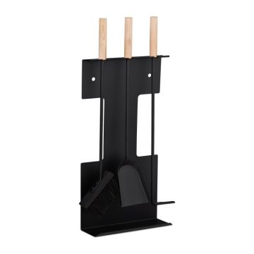 Rinkinys iš 3 židinio įrankių ir stovo 66x28x11cm., juodos/šviesiai rudos spalvos