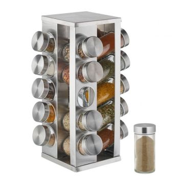 Подставка для специй с 20 прозрачными стаканами 33x13x13 см., серебристого цвета.