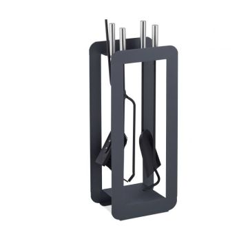 Rinkinys iš 4 židinio įrankių ir stovo 60x22,5x16cm., tamsiai pilkos/juodos/sidabrinės spalvos
