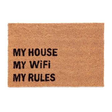 Придверный коврик "Мой дом, Мой wifi, Мои правила" 60х40 см., светло-коричневый/черный
