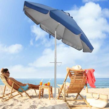 198 cm beach umbrella with push-button tilt, sand anchor, carrying bag, dark blue
