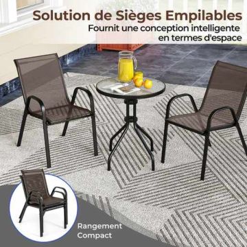 3-piece outdoor bistro set with round table and 2 folding chairs, brown tempered glass table top