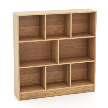 3-Tier Bookshelf with 8 Open Compartments and Anti-Sway Guards, Natural Wood