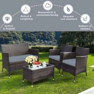 4-piece rattan furniture set with coffee table, brown + gray