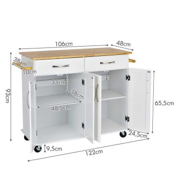 Virtuvės sala ant ratukų 122x48x93cm., baltos/šviesiai rudos spalvos