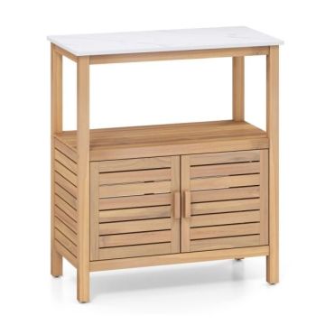 Acacia wood garden table with shelf and cabinets, 120×60 cm