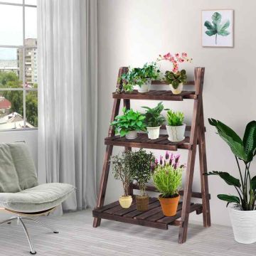 Plant stand, 3-tier, foldable, Brown, 60 × 32 × 93 cm