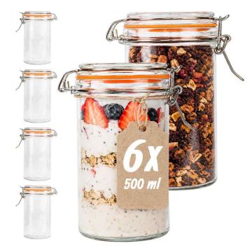 Aukšti stiklainiai su hermetiškais dangteliais Relaxdays, 6 vnt., 500 ml, 12 × 15 × 8 cm