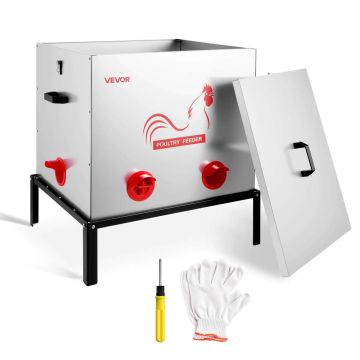 Automatic chicken feeder VEVOR SS-00223, 6 feeding holes, 38.56 kg capacity, 63.5 × 67 × 53.5 cm