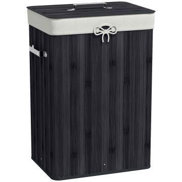 Bamboo laundry basket with lid, 72 l, Black, 40 × 30 × 60 cm