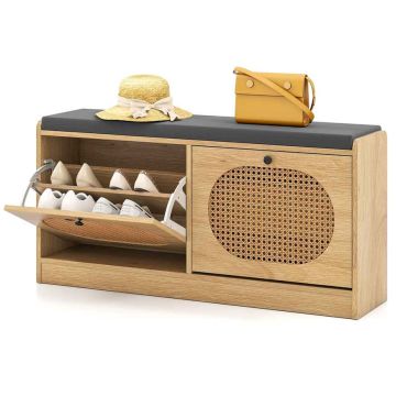 Shoe storage bench, With 2 rattan doors, 102 × 48 × 24 cm